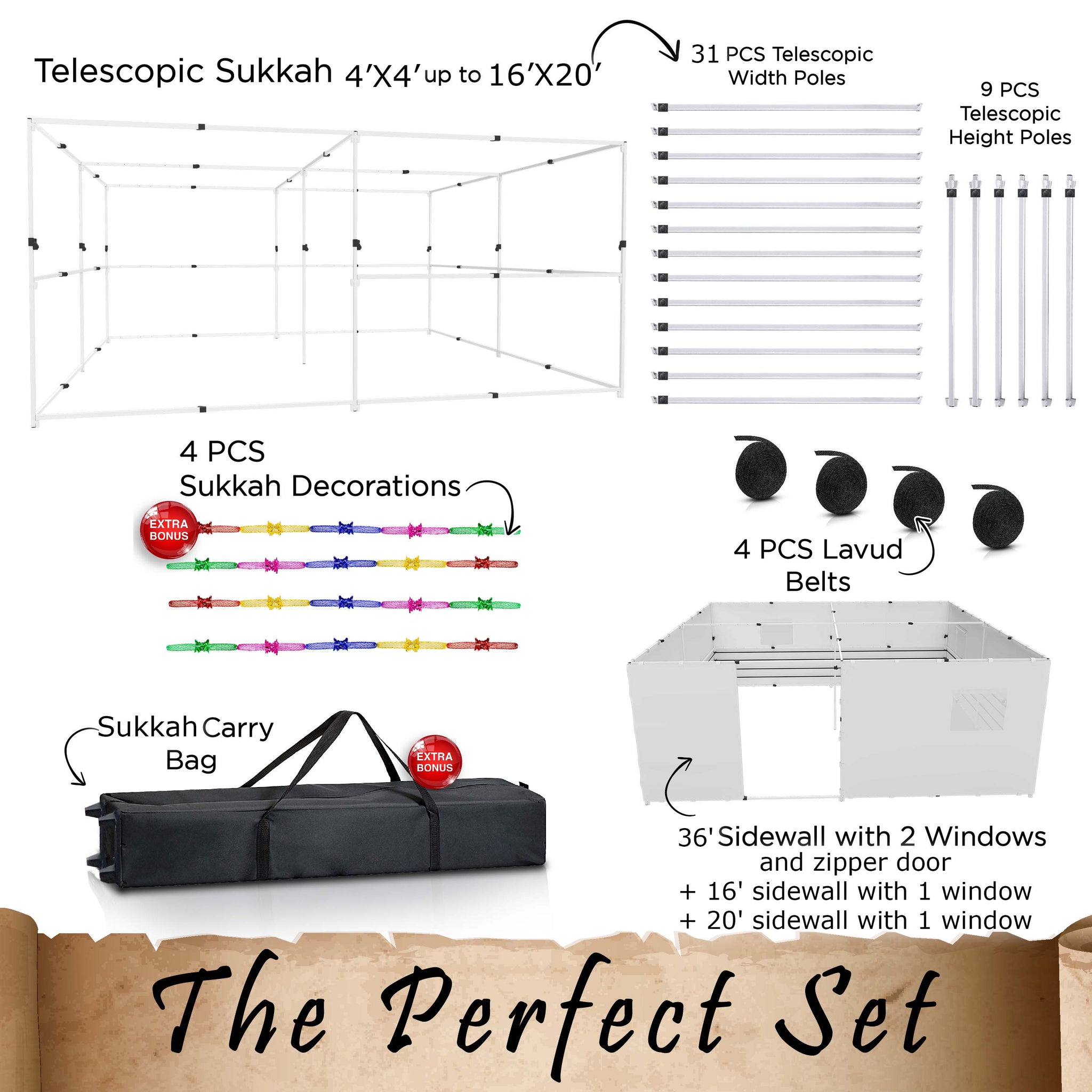 Sukkot Hadar- Extra-Large 16X20 Telescopic Sukkah Set+ Plus Sukkah Carry Bag
