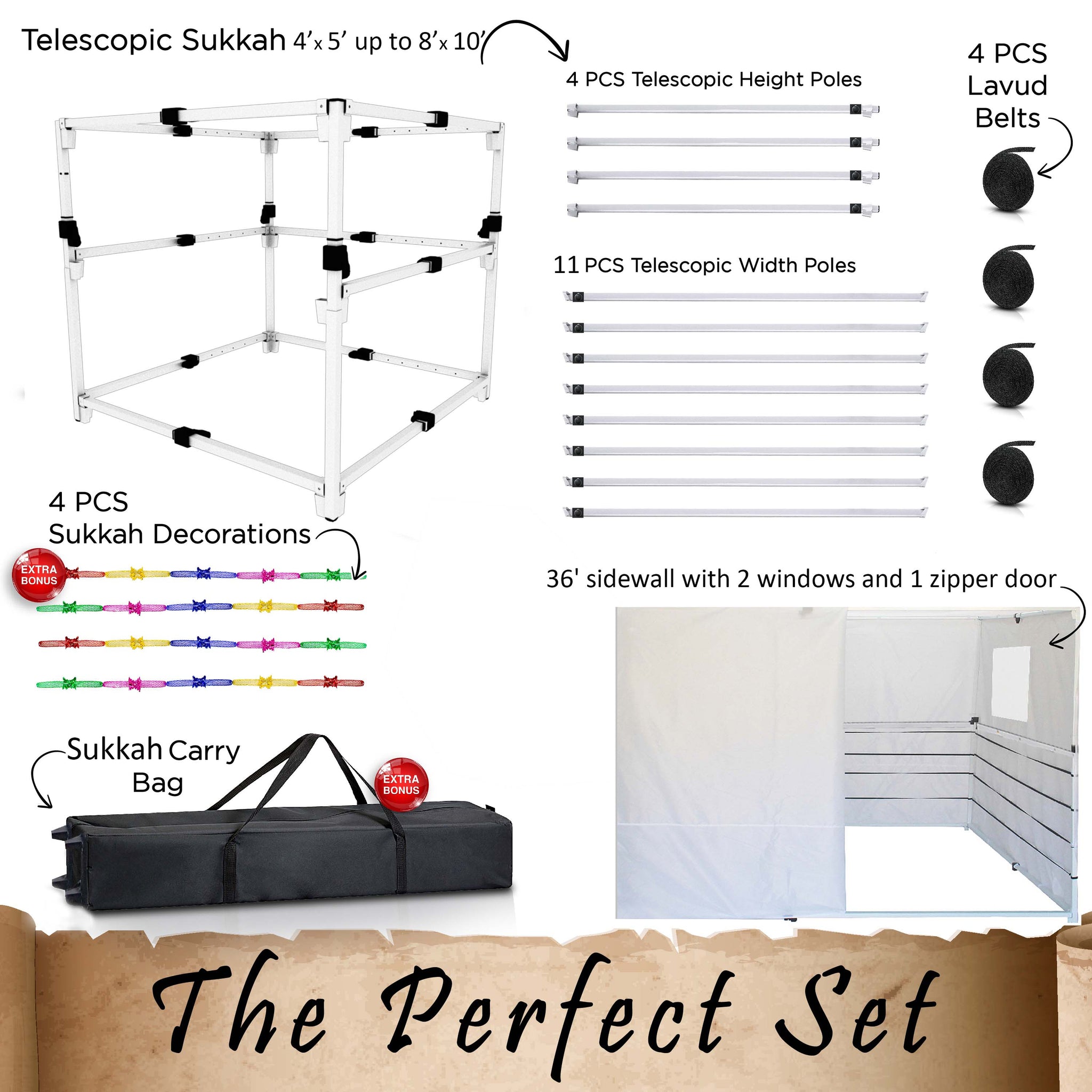 2024 Model - Sukkot Hadar Telescopic Sukkah Set: Portable, Adjustable, Kosher Certified - Expands from 4x5 to 8x10 Feet, Complete with Carry Bag
