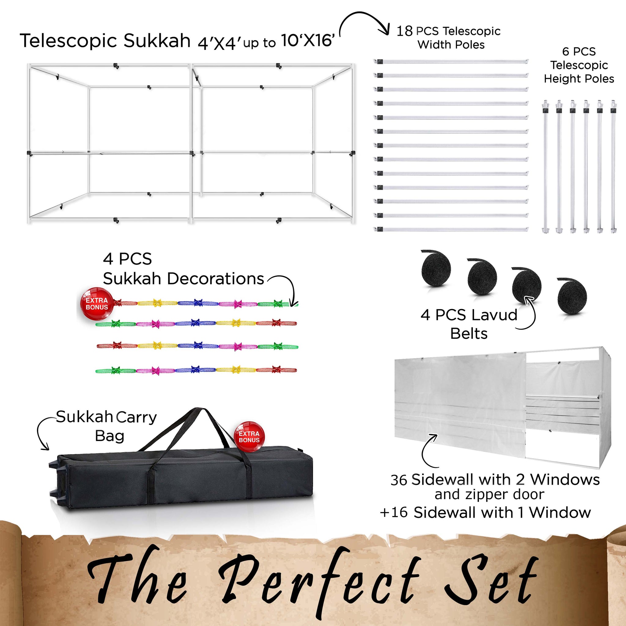 Sukkot Hadar - Telescopic Sukkah Set: Portable, Adjustable ,Kosher Certified Plus Carry Bag Adjustable 10X10 To 10X16 Foot