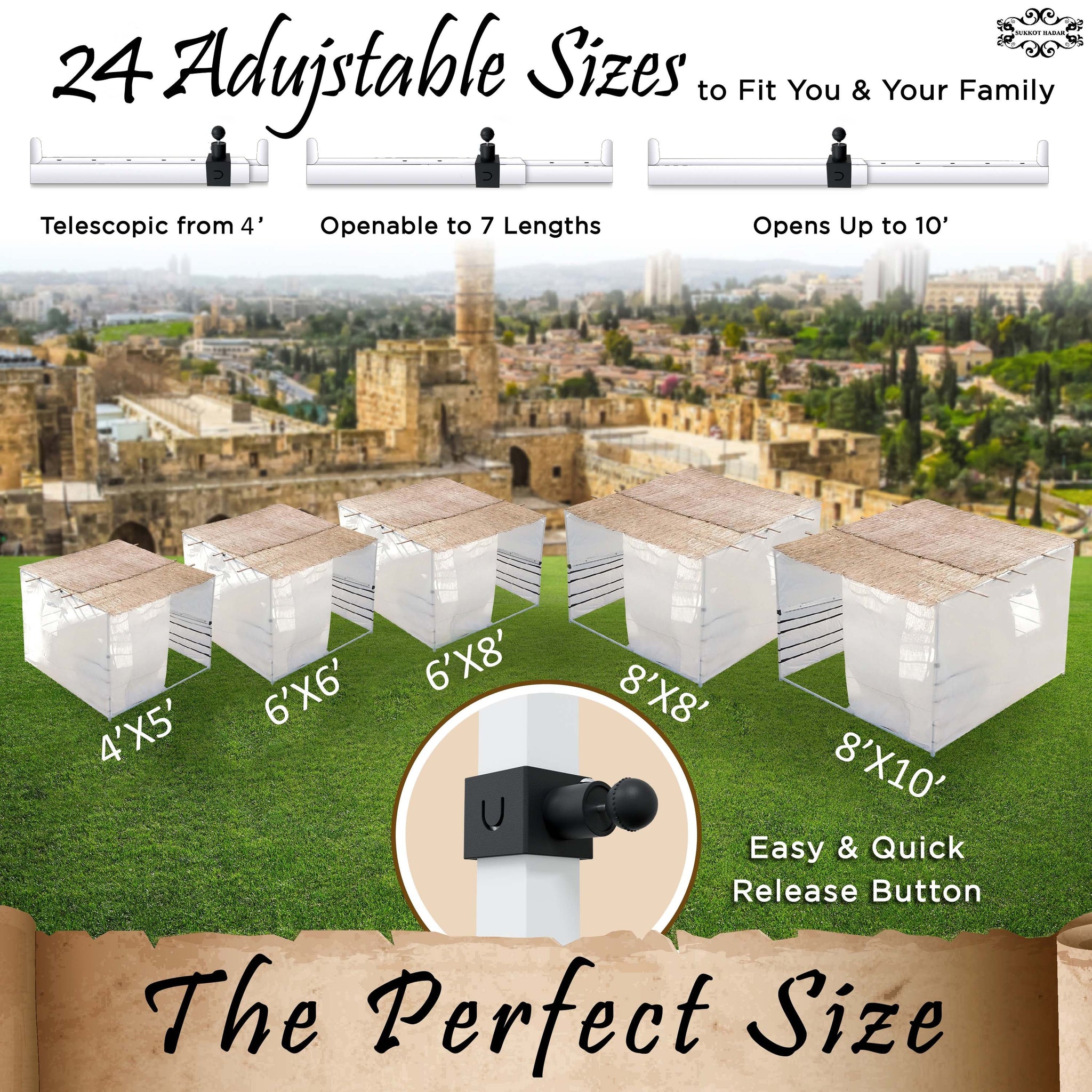 2024 Model - Sukkot Hadar Telescopic Sukkah Set: Portable, Adjustable, Kosher Certified - Expands from 4x5 to 8x10 Feet, Complete with Carry Bag