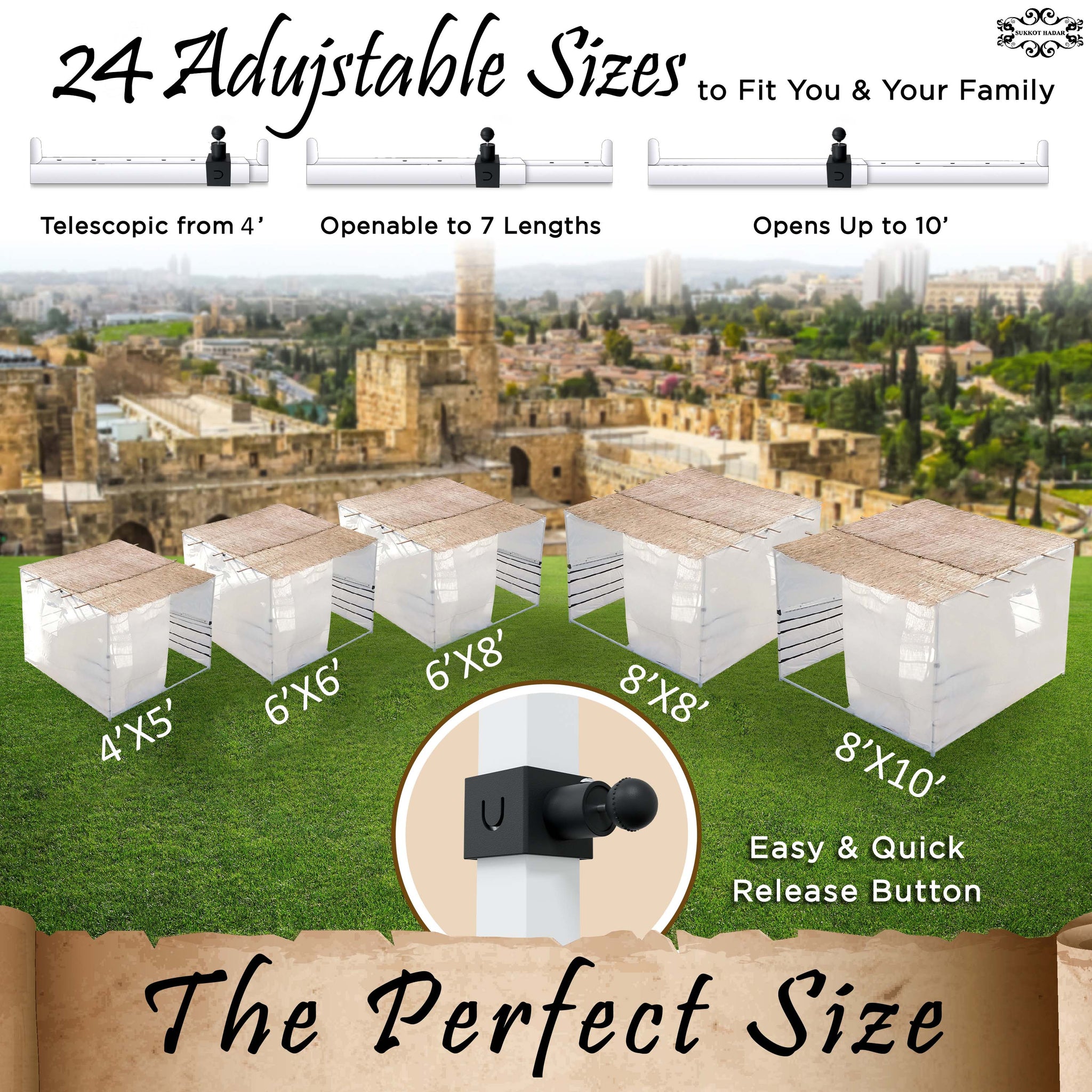 2023 Model - Sukkot Hadar Telescopic Sukkah Set: Portable, Adjustable, Kosher Certified - Expands from 4x5 to 8x10 Feet, Complete with Carry Bag