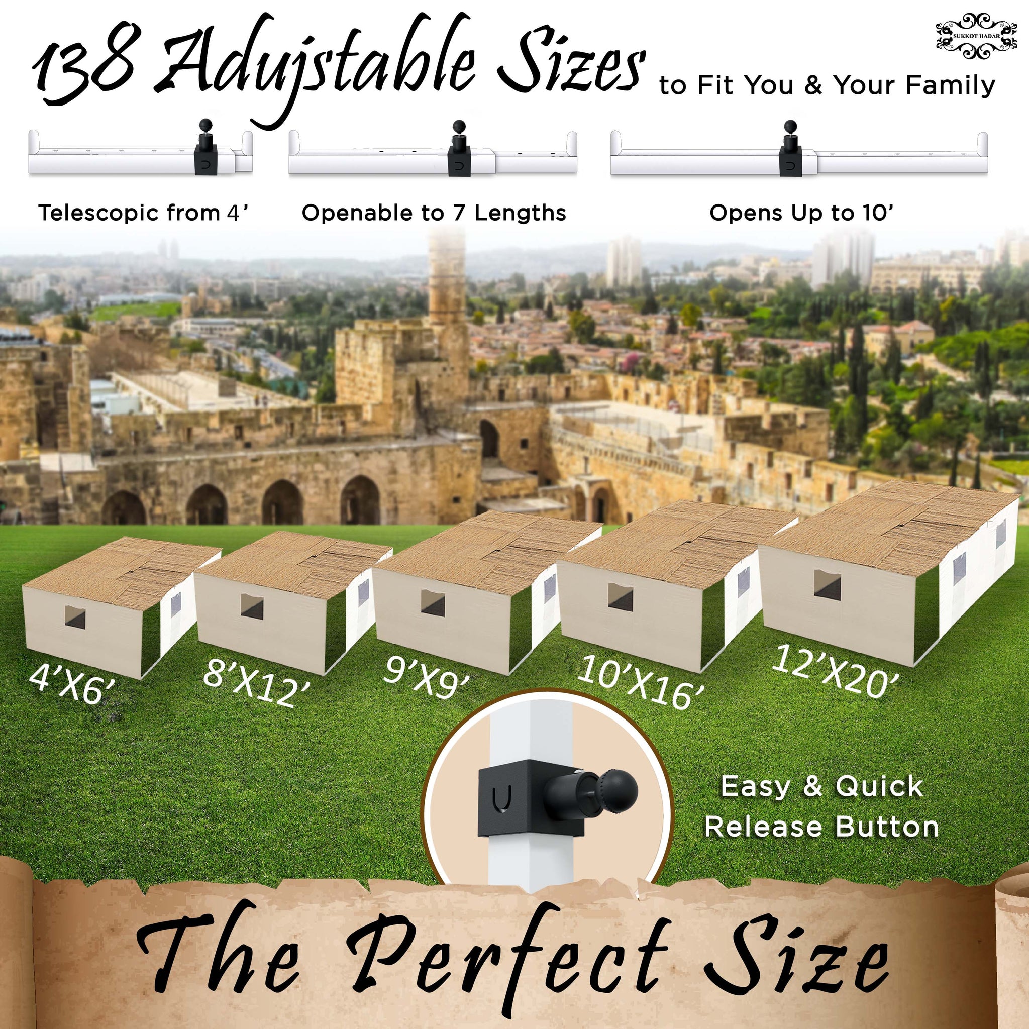 Sukkot Hadar - Telescopic Sukkah Set: Portable, Adjustable ,Kosher Certified Plus Carry Bag Adjustable 10X10 To 10X16 Foot