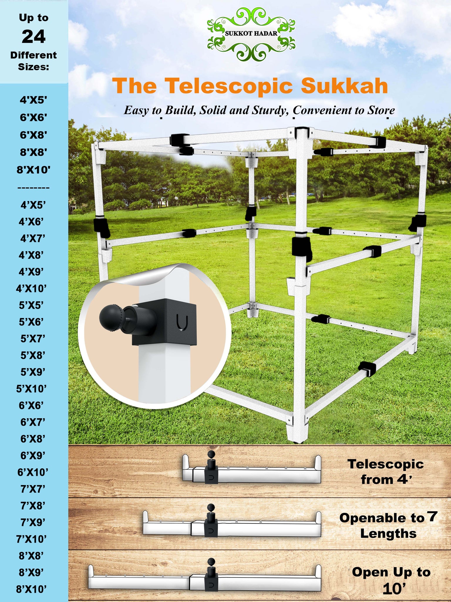 2024 Model - Sukkot Hadar Telescopic Sukkah Set: Portable, Adjustable, Kosher Certified - Expands from 4x5 to 8x10 Feet, Complete with Carry Bag