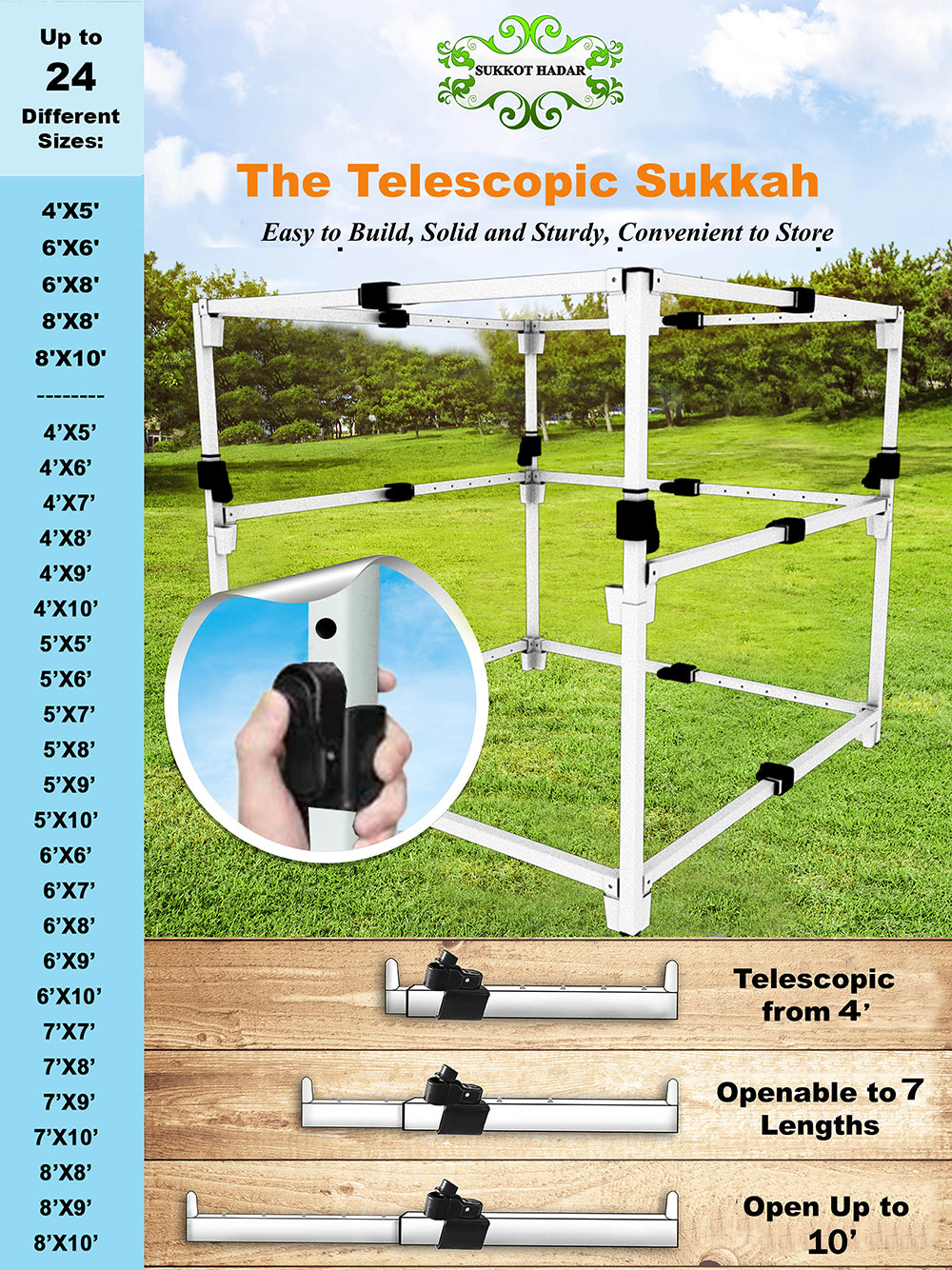 2023 Model - Sukkot Hadar Telescopic Sukkah Set: Portable, Adjustable, Kosher Certified - Expands from 4x5 to 8x10 Feet, Complete with Carry Bag